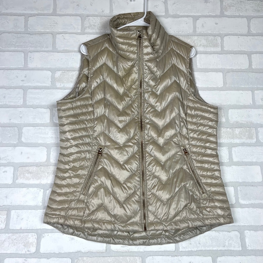 Calvin Klein Womens XL Champagne Gold Premium Down Chevron Quilted Puffer Vest